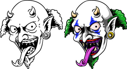 smirking demonic clown head mascot