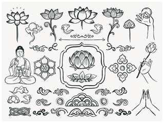 Set of hand drawn oriental elements. Black mandalas and lotus. Asian traditional design. 