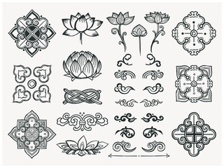 Set of hand drawn oriental elements. Black mandalas and lotus. Asian traditional design. 