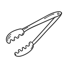 Culinary tongs. Kitchen accessories, cooking utensils. Design element for menu design, recipes, and food packaging. Hand drawn and isolated on white. Black-white vector illustration.