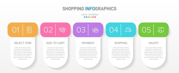 Concept of shopping process with 5 successive steps. Five colorful graphic elements. Timeline design for brochure, presentation, web site. Infographic design layout.