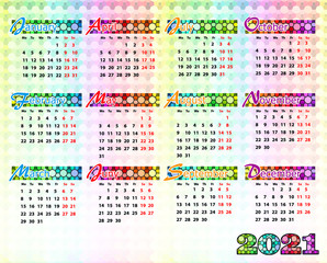 Simple colorful vector calendar of 2021 year.  EPS 10