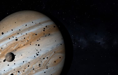 Jupiter and its moons and asteroids. 3D illustration.