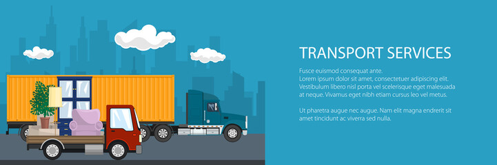 Banner of road transport and logistics, cargo truck and red lorry with furniture go on the road, shipping and freight of goods, vector illustration
