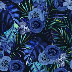 Crédence de cuisine en verre imprimé Roses Fond de mode abstrait. Motif floral harmonieux de roses bleues, d& 39 hibiscus, d& 39 orchidées et de feuilles tropicales. Illustration vectorielle. Style moderne. Imprimé été jungle