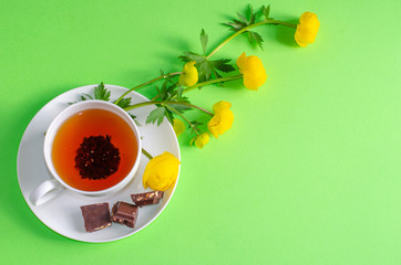 Obraz na płótnie Canvas A Cup of black tea, pieces of chocolate and yellow flowers of Trollius europaeus on a green background. Sunny, bright, shadows fall from window. Chocolate day and morning tea ceremony. Copy space.