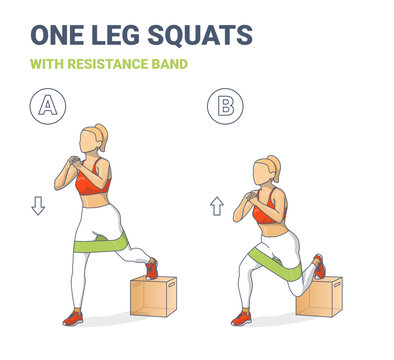 Single Leg Squats with Resistance Band Girl Home Workout Exercise Colorful Concept.