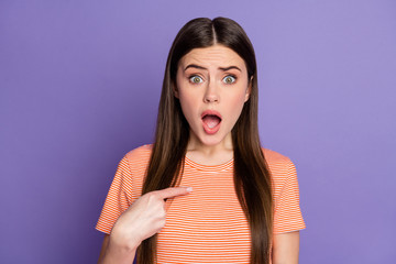Closeup photo of attractive open mouth lady direct finger own chest listen unfair blaming saying...
