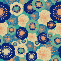 Abstract floral vector seamless repeat pattern, with 70's color schemes, orange, blue, teal color theme,on-trend floral designs perfect for fabrics,, wall paper, and home decor products - 353069608