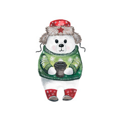 Hand drawn illustration of polar bear in a hat with ears and a green sweater with a glass of coffee. Cute picture of white animal for greeting card, stickers, print for clothes