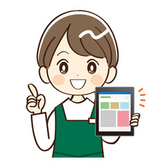 女性、店員、タブレット、説明