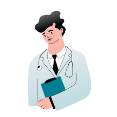 Cartoon doctor in a white coat with a stethoscope. A young friendly male doctor with a folder in his hand. The concept of medical care. Flat vector illustration on an isolated white background.