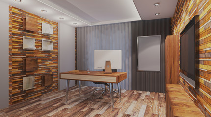 Open space office interior with like conference room. Mockup. 3D rendering.. Blank paintings.  Mockup.