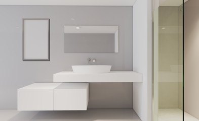 Clean and fresh bathroom with natural light. 3D rendering. Mockup.   Empty paintings