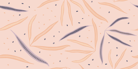 Bean pods on a light pink background. Modern floral pattern. Hand-drawn vector illustration. Can be used as a children's pattern and bedding.