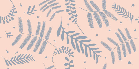 Trendy floral pattern. Abstract lilac leaves on a pink background. Hand-drawn vector illustration. Can be used as a children's pattern and bedding.