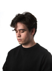 Portrait of a guy looking down, isolated on white background