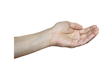 Male hand with fair skin shows a gesture, hand on a white isolation background. Open outstretched palm, bowl sign. Stock photo for web and print. 
