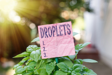 Conceptual hand writing showing Droplets. Concept meaning very small drop of a liquid can be found...