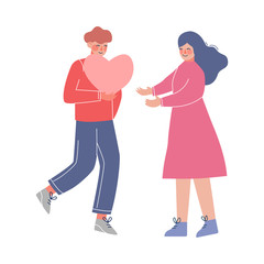 Boyfriend Giving to Girl Big Heart, Happy Loving Couple Vector Illustration