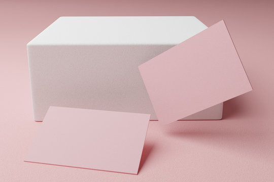 Pink Pastel Business Card Paper Mockup Template With Blank Space Cover For Insert Company Logo Or Personal Identity On Cardboard Background. Modern Style Stationery Concept. 3D Illustration Render