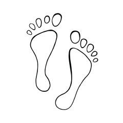 Human footprints left by barefoot, drawn in Doodle style. Vector illustration isolated on a white background. Black outline on white.