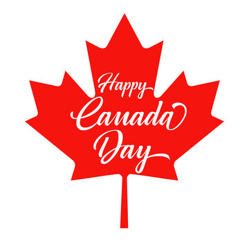 Canada Day vector Illustration. Happy Canada Day holiday Invitation design. Red maple leaf Isolated on a white background. Greeting card with hand drawn calligraphy lettering