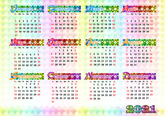 Vector simple colorful calendar of 2021 year. American version. EPS 10