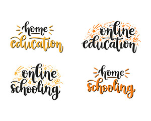 Handwritten creative lettering set with motivational phrases. Home education, online schooling. Modern vector typography design for logo, card, poster, web banner, social media or print.
