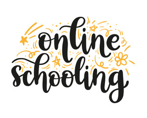 Online schooling handwritten lettering with yellow doodle elements. Home education concept. Creative vector design for web banner, poster, social media or print.