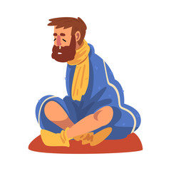 Sick Man Sitting on the Floor Wrapped in Plaid, Guy with Flu and Runny Nose Wearing Knitted Socks and Scarf Cartoon Vector Illustration