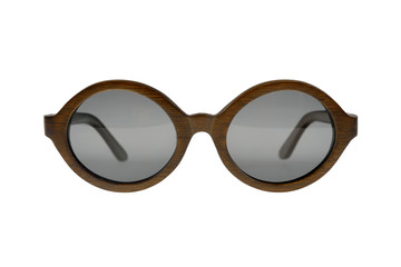 Wooden dark brown round sunglasses with gray glasses on white background
