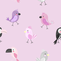 Colored parrots and toucan bird. Seamless pattern. Creative children's style for printing on fabric, paper, wallpaper, clothes. Vector illustration isolated on a pink background.