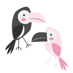 Two toucans. Pink and black cartoon birds. Children's illustration. Flat vector illustration isolated on white background.