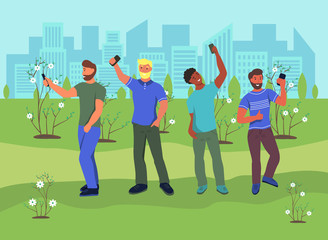 Young men take selfies in a spring Park against the background of flowering trees. Flat cartoon vector illustration.