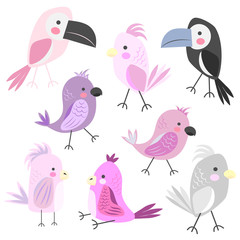 Parrots and toucans. Set of colored cartoon birds. Children's illustration. Flat vector illustration isolated on white background.