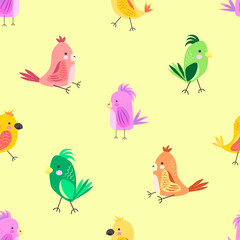 Colored parrots. Seamless pattern. Creative children's style for printing on fabric, paper, wallpaper, clothes. Vector illustration isolated on a yellow background.