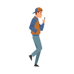 Teen Boy Walking Outside, Guy Looking at His Smartphone, Person Using Digital Gadget for Online Communication Vector Illustration