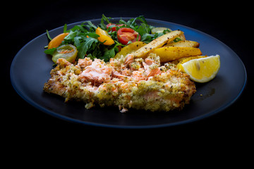 Lemon Herb Marinate Salmon covered Breadcrumb with chips