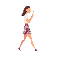 Girl Walking Outside, Female Student Looking at Her Smartphone, Person Using Digital Gadget for Online Communication Vector Illustration