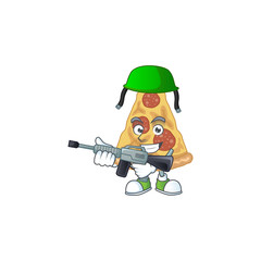 Naklejka premium A mascot design picture of slice of pizza as a dedicated Army using automatic gun