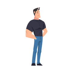Young Muscular Man Standing with Hands in His Pockets, Guy Spending Time in Expectation Cartoon Vector Illustration