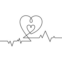 A continuous line of heart with cardiogram line. Linear black and white drawing.