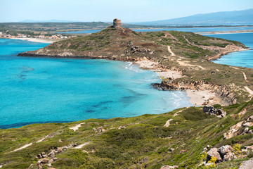 Sardegna, panorama costiero di Capo San Marco e Tharros, a Cabras, Italia