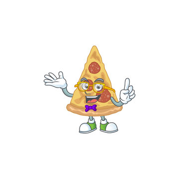 Cartoon Character Design Of Nerd Slice Of Pizza With Weird Glasses