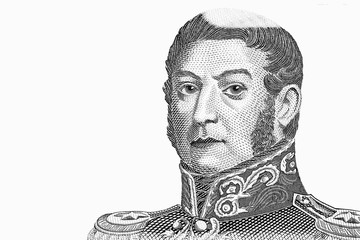 General Jose de San Martin, Portrait from Argentina 5 Pesos 2015 Banknotes. An Old paper banknote,...
