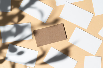 Blank white businesscard on beige background with creative floral shadow