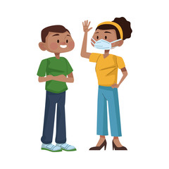 afro couple using medical masks characters