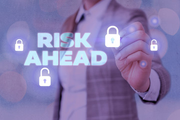 Word writing text Risk Ahead. Business photo showcasing A probability or threat of damage, injury,...
