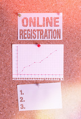 Text sign showing Online Registration. Business photo showcasing System for subscribing or...